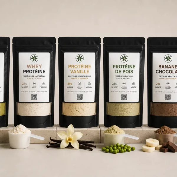 Sélection de protéines en poudre Bien-Être Sacré avec matcha, whey, vanille, pois et banane chocolat