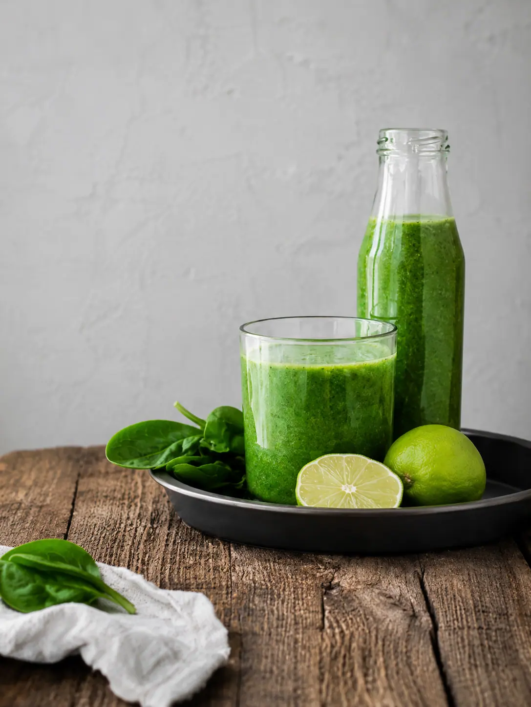 Smoothie vert détox préparé avec des super-aliments, des épinards et du citron vert sur une table en bois.