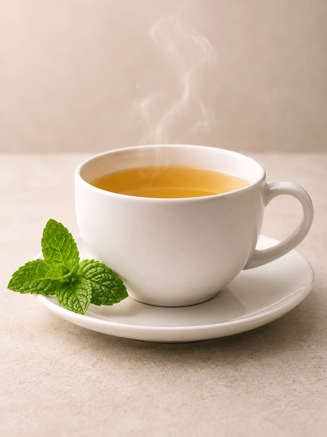 Tasse d'infusion chaude accompagnée de feuilles de menthe, idéale pour un moment de détente et de bien-être naturel.